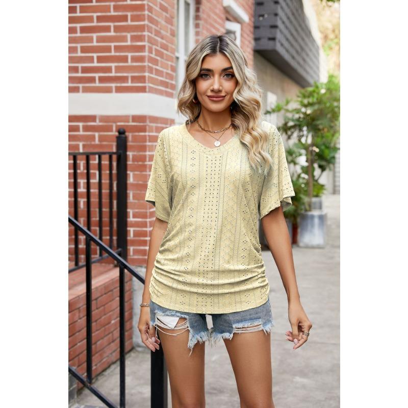 Summer Women's T-shirt with Hollowed Out V-neck Pleated Casual Top