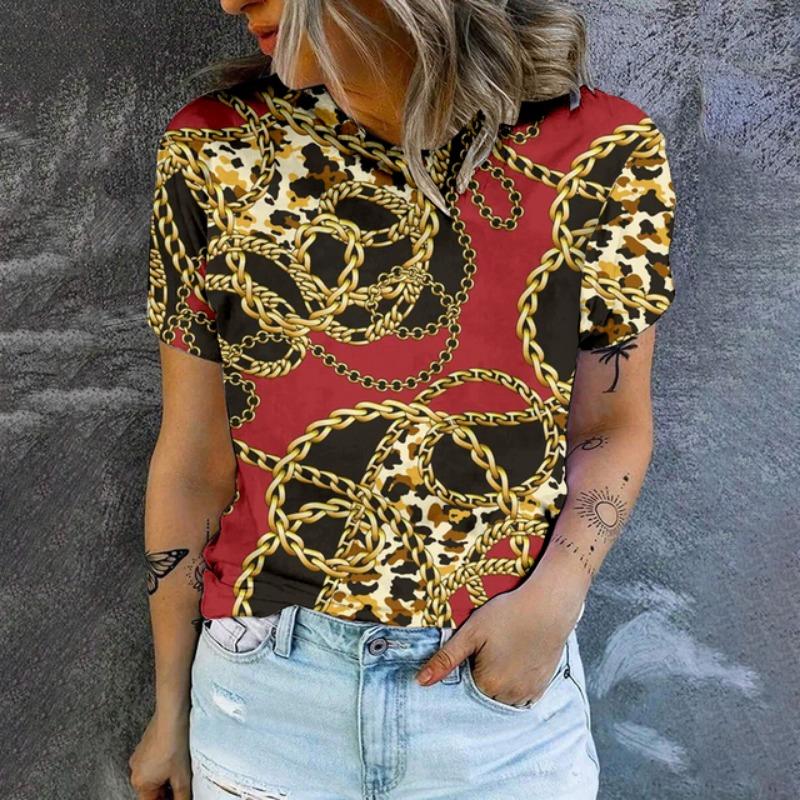 Женская футболка с принтом в стиле ретро с золотым ожерельем Футболка с модной популярной одеждой Футболка большого размера Летняя женская футболка с круглым вырезом