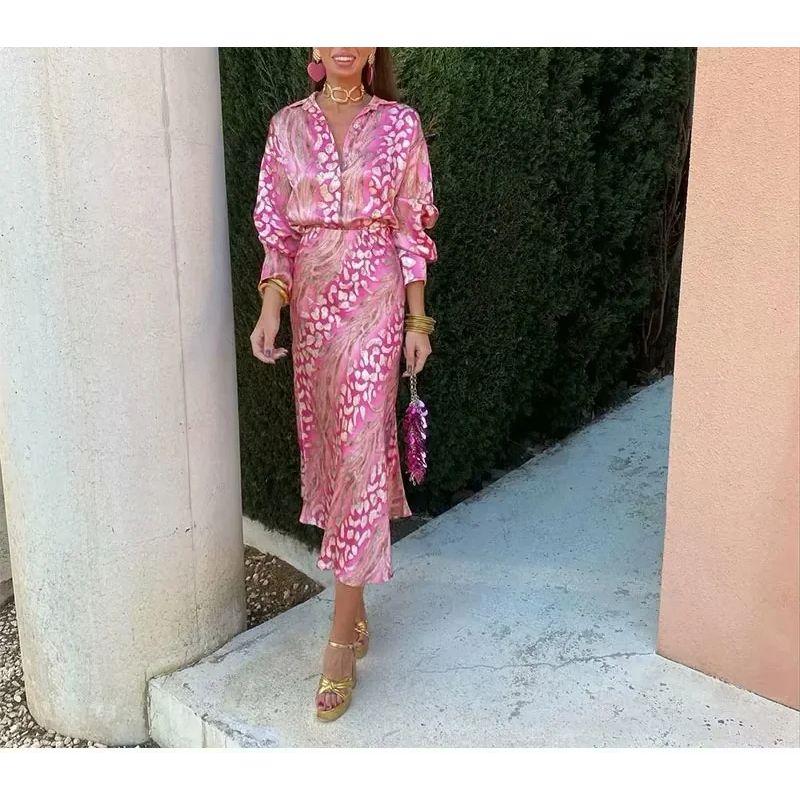 Spring and Summer New European and American Holiday Style Silk Satin Texture Print Shirts High Waist Slimming Midi A Word Skirt