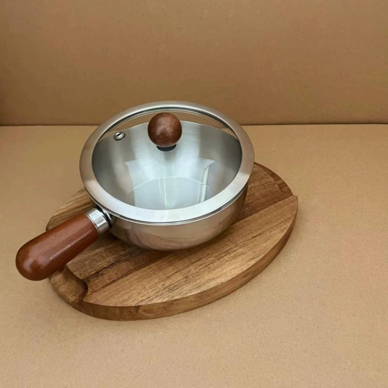 Кастрюля для молока из нержавеющей стали с деревянной ручкой, компактная кастрюля для приготовления пищи, подходит для жарки яиц и подогрева молока. Сделано из нержавеющей стали S