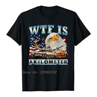 2025 Новая смешная мужская футболка WTF Is A Kilometer с значком орла, американской подписью, изображением бургера, с круглым вырезом, хлопковая, модная летняя футболка