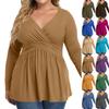 Women's Plus Size Shirt Long Sleeve Solid Color Top Pleated Casual V-Neck Top