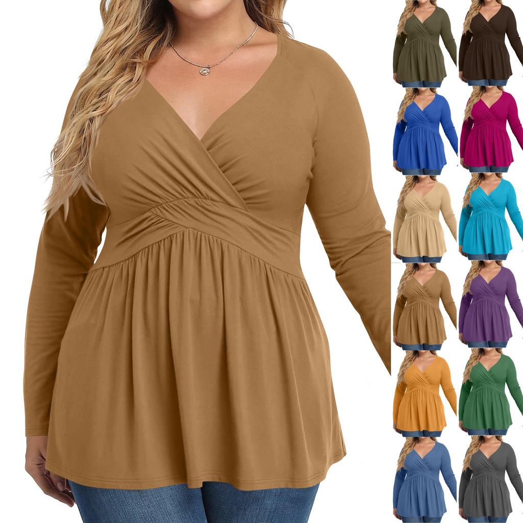 Women's Plus Size Shirt Long Sleeve Solid Color Top Pleated Casual V-Neck Top