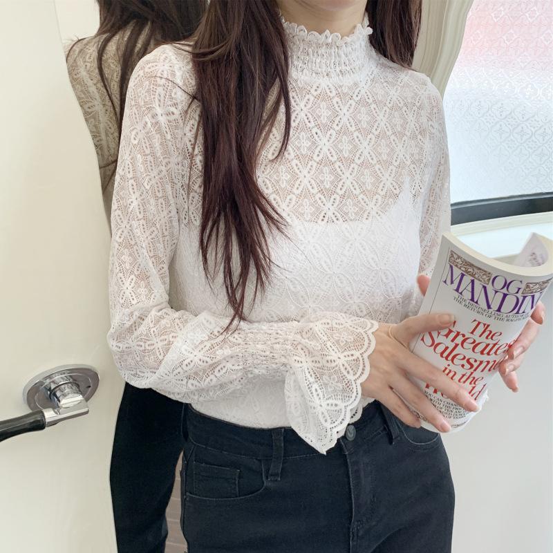 Осенне-зимняя женская рубашка с полувысоким воротником и бархатной кружевной основой, облегающая рубашка с длинными рукавами