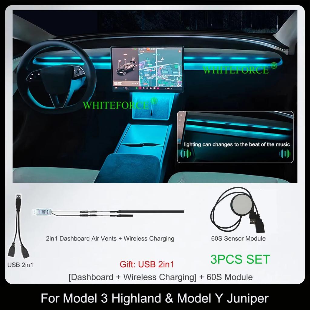 For Tesla Model Y Juniper Model3 Highland Streaming Ambient Light Dashboard Flow Light USB Ambient Strip Lamp Body Sensor Module