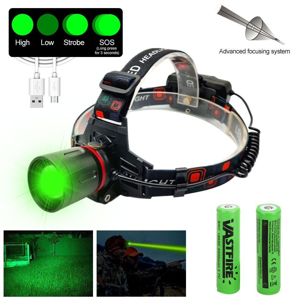 Зеленый/красный налобный фонарь с возможностью масштабирования, 4 режима, налобный фонарь с зарядкой от USB, охотничий фонарь, питание от аккумулятора 18650