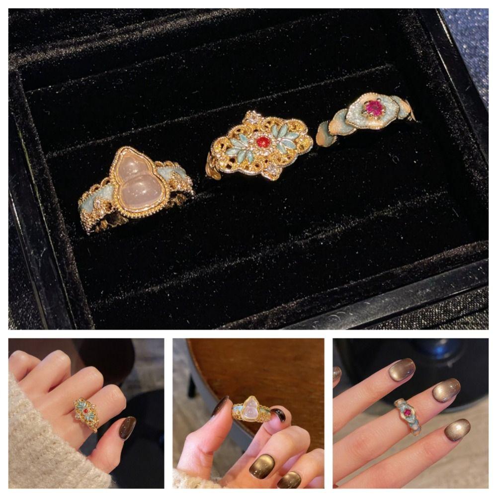 Exquisite Vintage Open Rings Flower Chinese Style Rings Fashion Enamel Finger Rings Cheongsam