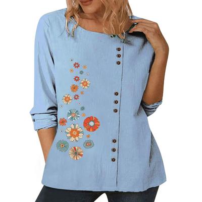 Модный женский хлопковый топ с различными принтами, круглым вырезом и длинными рукавами