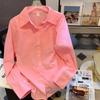 Women's Pink Long Sleeved Shirts Single Breasted Flip Tie Pocket Female's Blouses Loose Solid Color Tops for Woman