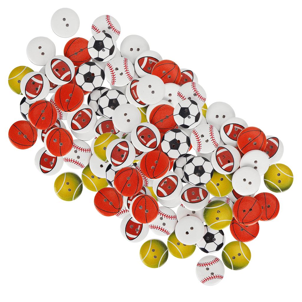 100Pcs Wooden Buttons 2‑Hole Round Shape Basketball Football Mixed Pattern Sewing Buttons