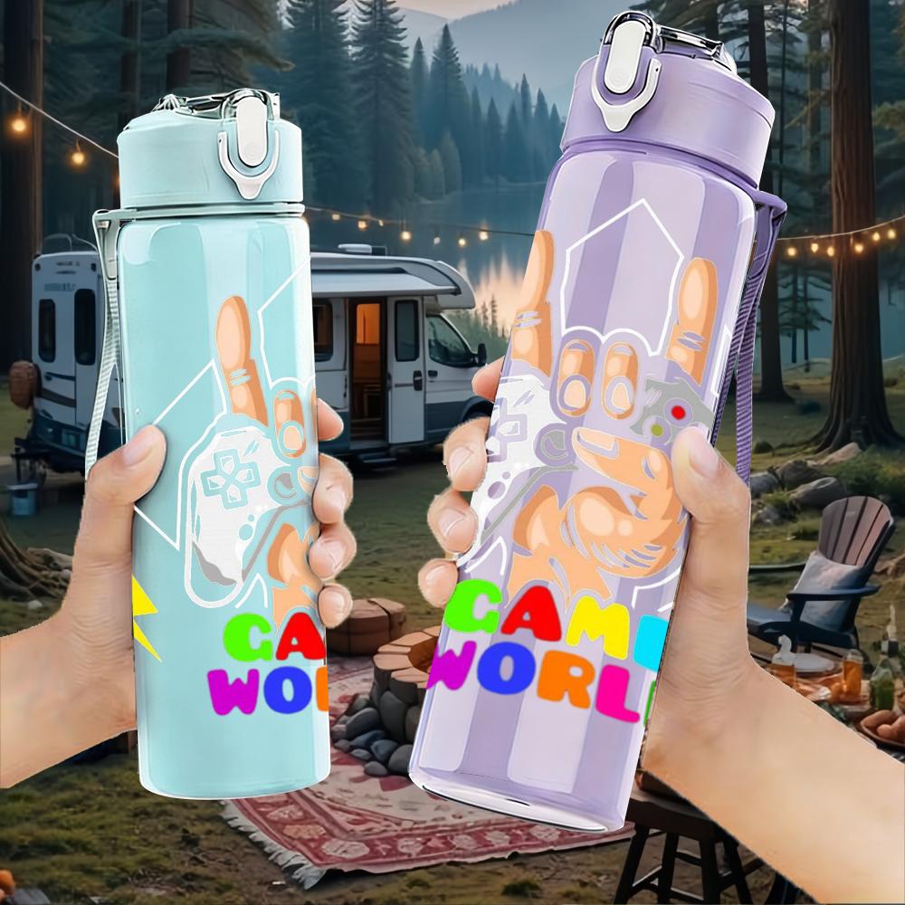 1PC Bunny Hand Game World Color 750ml Color Plastic Sports Water Bottle Leakproof Flip Straw Lid Suitable for Sports Office Home Use