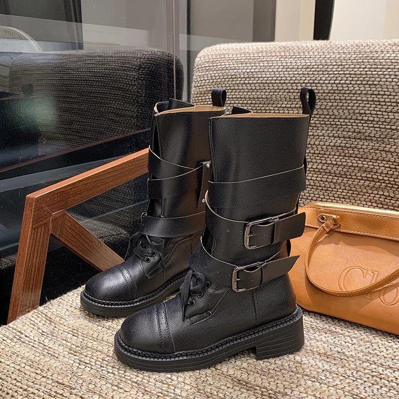 Британский стиль ретро полусапоги женские 2025 осень и зима новая мягкая кожа толстый каблук пряжка платформа модные сапоги