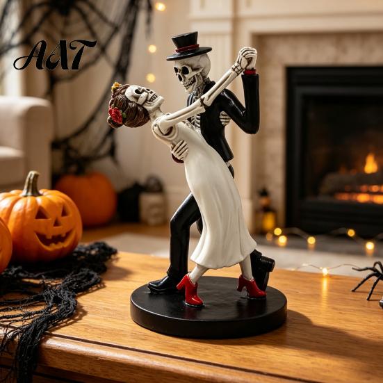 Resin Gothic Decor for Home Day of The Dead Dancing Skeleton Couple Figurine, Halloween Wedding Statue Lover Statue, Romantic Bride Groom Sculpture