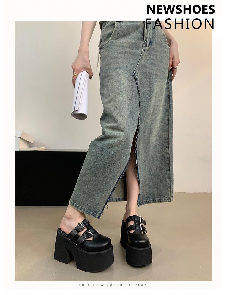 Мода 11см Туфли на блочном каблуке Черные туфли с закрытым носком Панк Платформа с пряжкой Массивные босоножки на каблуке Летняя женская повседневная обувь Sandalias Mujer