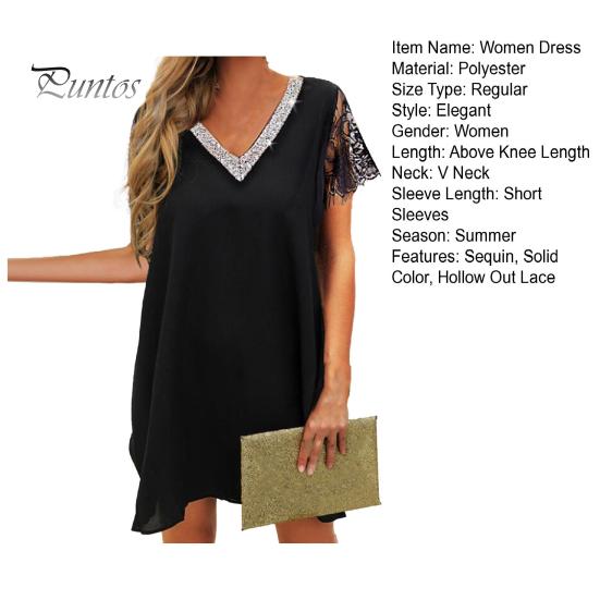 Женское летнее платье с v-образным вырезом и блестками, ажурное кружевное платье с цветочным краем, свободное однотонное мягкое мини-платье с короткими рукавами