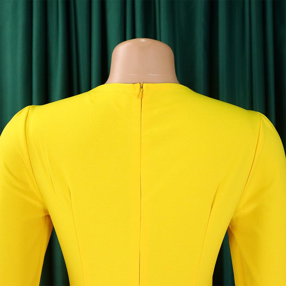 YYFS Женская мода весна осень однотонный принт с длинным рукавом и круглым вырезом с высокой талией повседневные платья