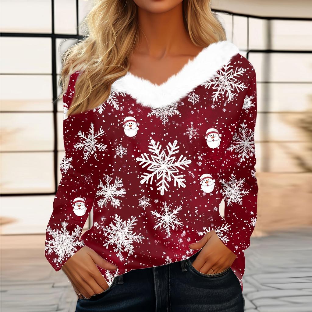 Женский длинный рукав рождественский принт вечеринка плюшевый воротник широкий повседневный V-образный вырез топ