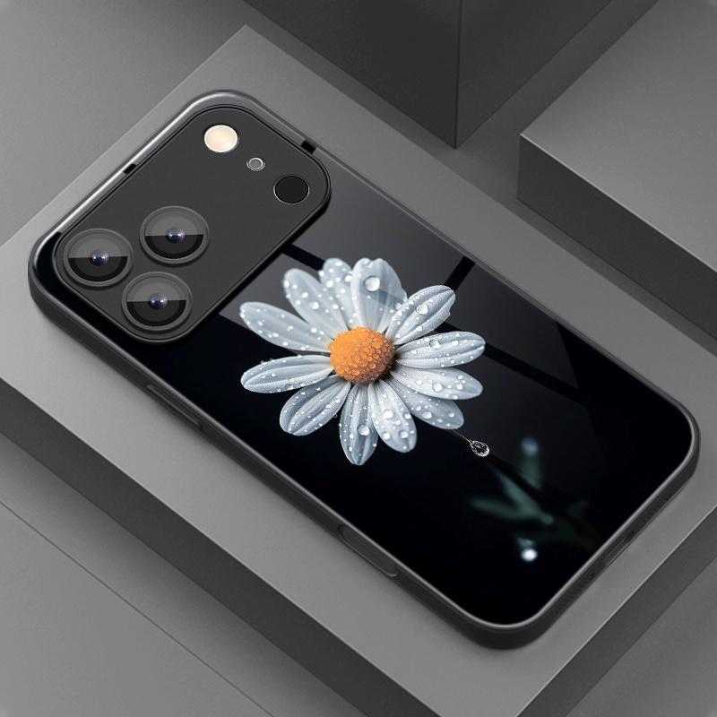 Water droplet daisy pattern glass phone case suitable for iPhone 17 16 15 14 13 12 11 Pro/Max/Plus anti drop and shockproof