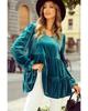 Sea Green Velvet V Neck Peplum Hem Puff Sleeve Blouse