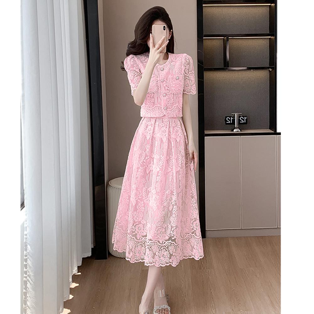 Элегантные женские летние кружевные костюмы, милая однотонная рубашка с цветочной вышивкой, топы, комплект из двух предметов, юбка миди, женская одежда