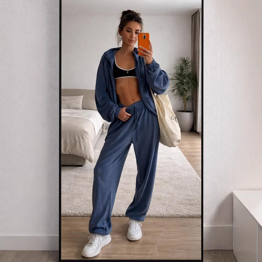 Women's Loose Fit Velvet Tracksuit Zip Up Long Sleeve Jacket Drawstring Pants Casual Two Piece Outfit Set