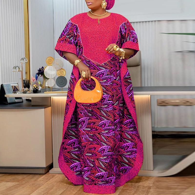 Женское свободное длинное платье большого размера с круглым вырезом и длинным рукавом с рисунком