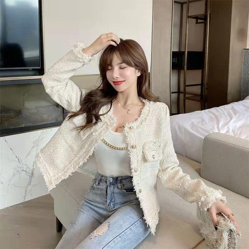 Женский корейский твидовый короткий пальто 2024 – Осенне-зимний повседневный стиль знаменитости