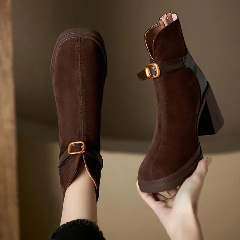 Женские зимние ботинки на высоком каблуке, дизайнерская обувь из замши, массивные зимние ботинки челси 2024 года, модный тренд, новинка в готическом стиле, женские ботинки