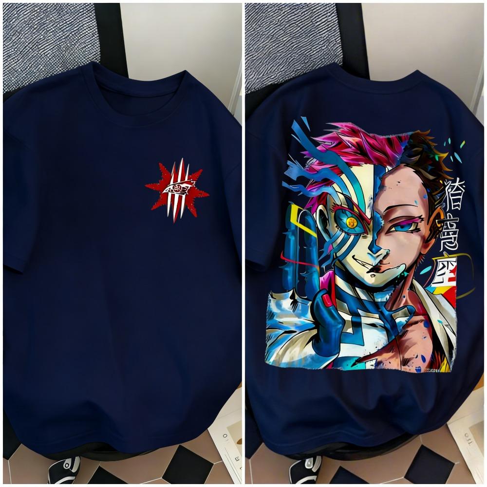 Demon Slayer Akaza Print Unisexs and Womens cotton Tshirts 2026 summer Cartoon pattern Loose casual shortsleeved top