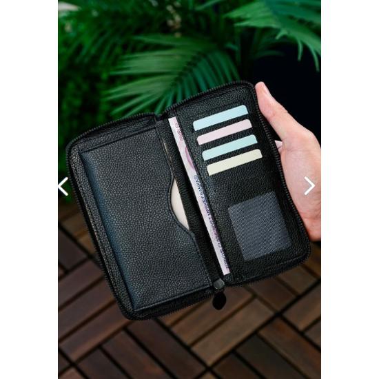 Унисекс Кожаный Портфель-Визитница Длинный Кошелек с Отделением Для Телефона Черный