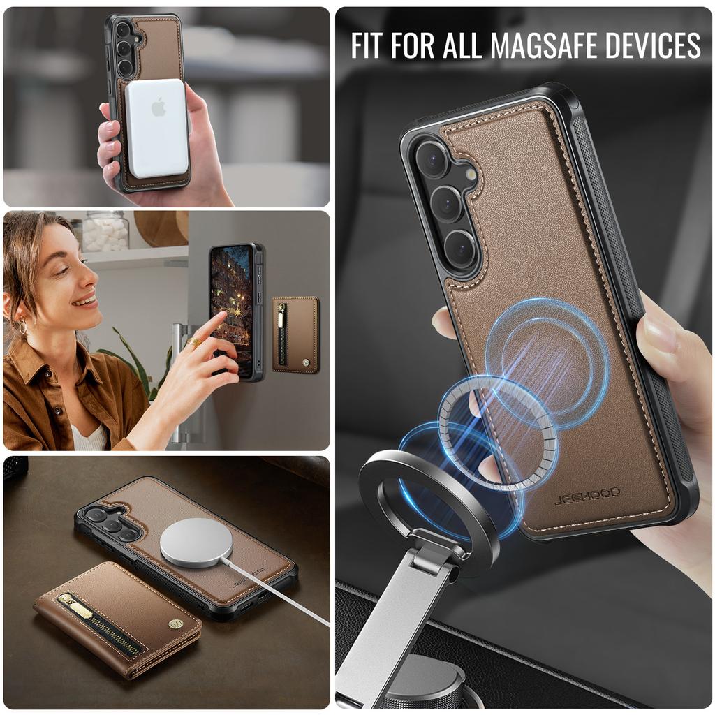 For Samsung Galaxy S25 Case JEEHOOD J12 Magnetic Detachable Zipper Wallet Kickstand Leather Back Cover Magnetic Case