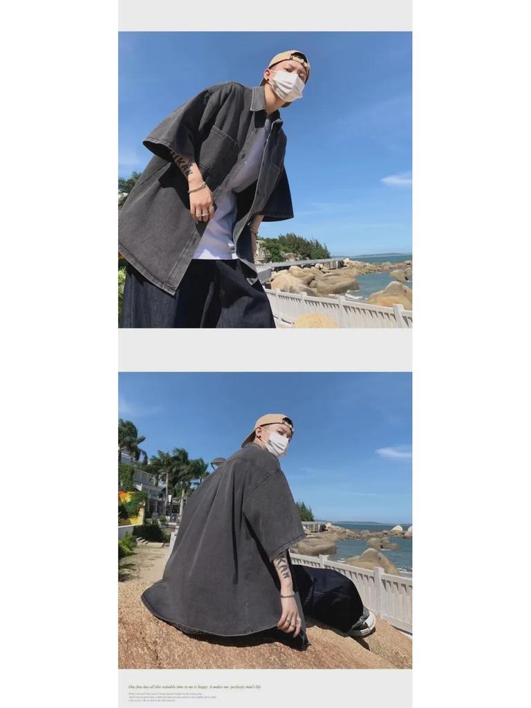 Мужская летняя рабочая джинсовая рубашка с коротким рукавом - модный японский гонконгский стиль