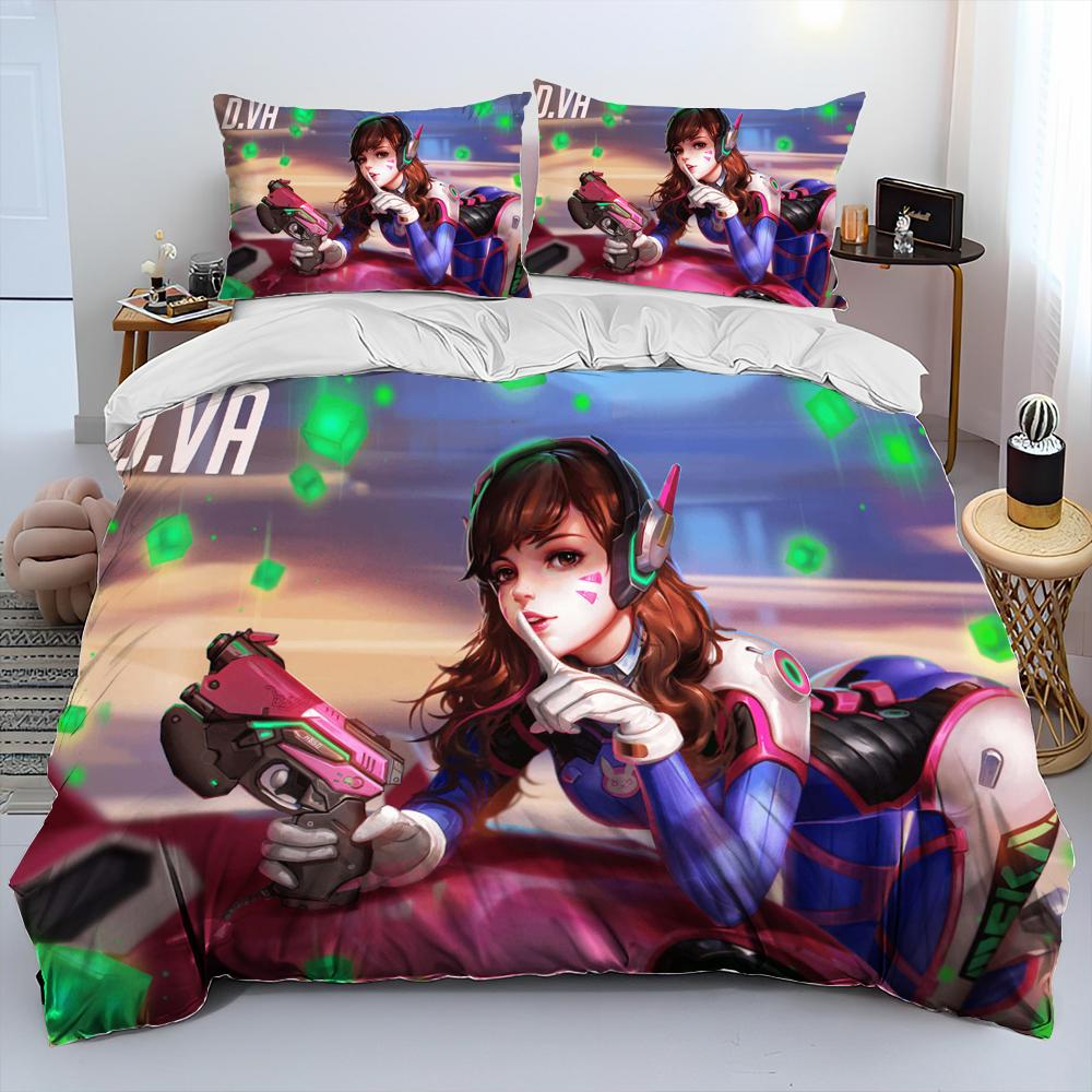 OW Overwatch Игра Геймер DVA Одеяло Комплект постельного белья, Пододеяльник Комплект постельного белья Чехол на одеяло Наволочка, Размер King Queen Комплект постельного белья Детский 3D