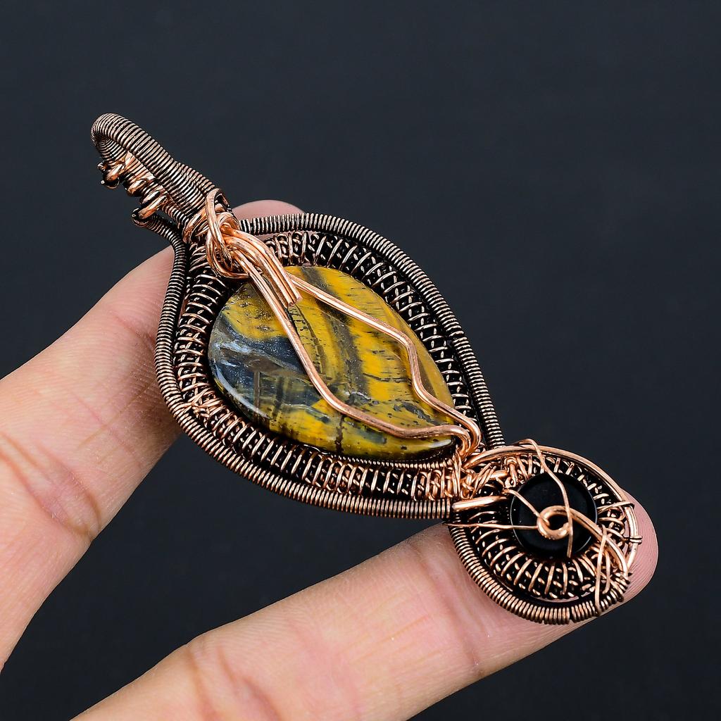 Подвеска из медной проволоки ручной работы с натуральным тигровым глазом, черным ониксом и камнем 3,35 W9d85