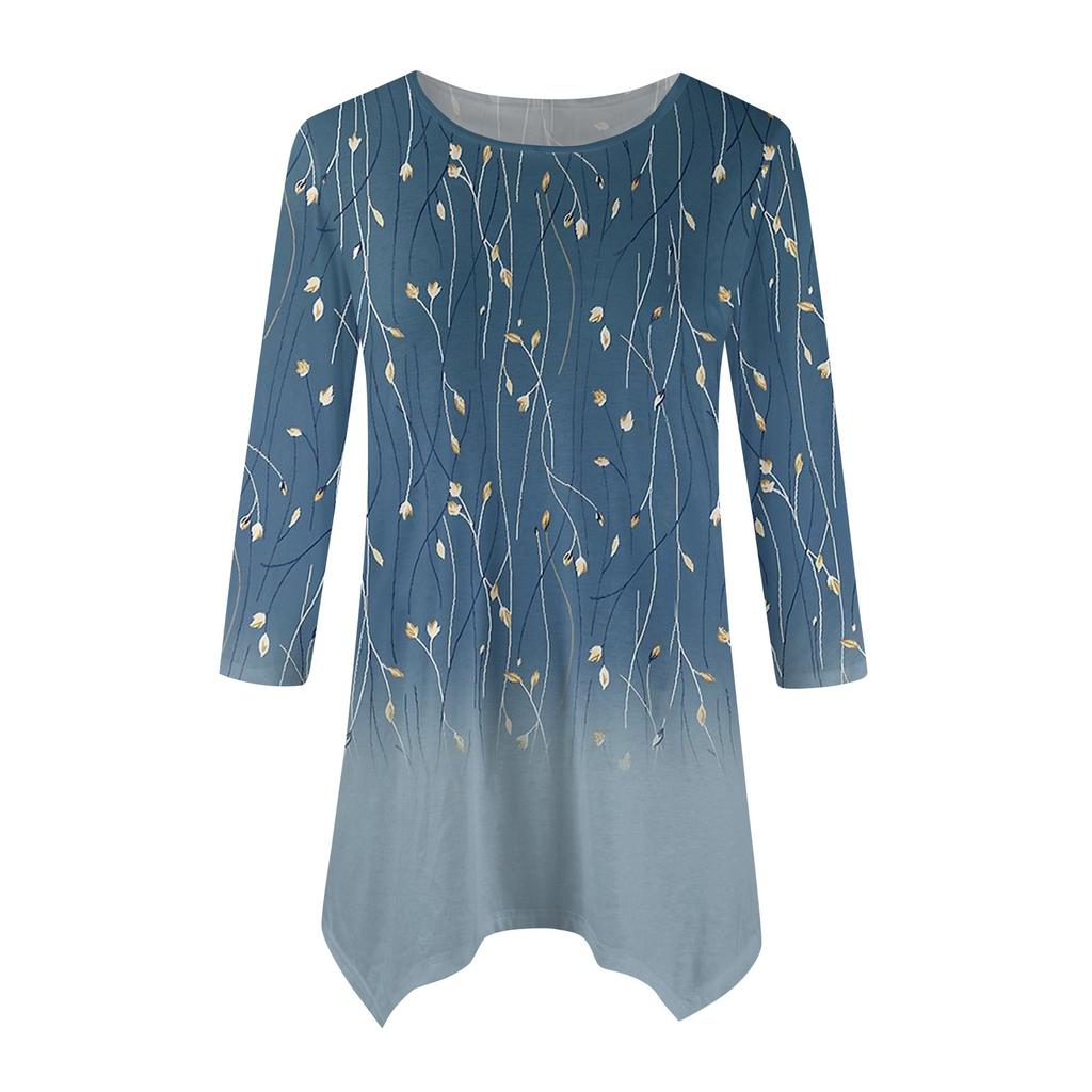Женская модная повседневная рубашка с круглым вырезом и цветочным принтом, рукавами-семью, свободным удобным топом с поясом