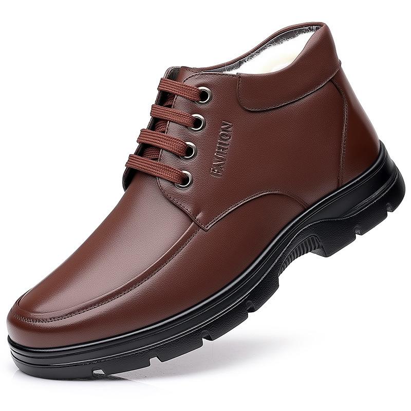 Хлопковая обувь мужская натуральная кожа зимняя теплая бархатная подошва из говяжьей кожи для мужчин среднего и пожилого возраста зимняя шерстяная нескользящая мужская хлопковая кожаная обувь