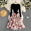 Autumn Winter Women Casual Knitted Sweater Mesh Patchwork Dresses V-neck Vintage Embroidery Butterfly Tulle Midi Party Dress