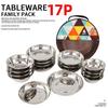 17-Piece Stainless Steel Outdoor Dinnerware Set: Portable BBQ and Camping Cutlery with Plates, Bowls, and Soup Basin.