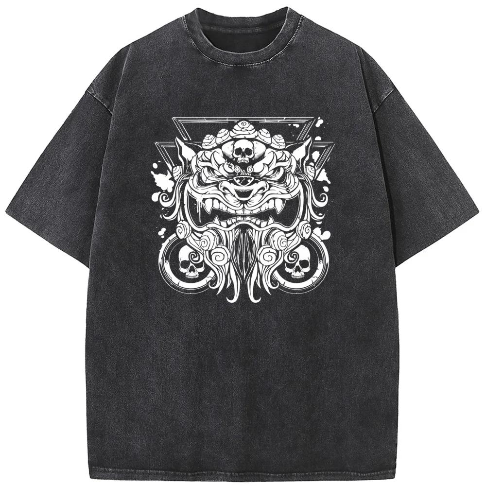 Танцующая голова льва Мужская повседневная футболка с коротким рукавом Выстиранная состаренная футболка высокого качества Горячая распродажа Студенческий топ Футболки