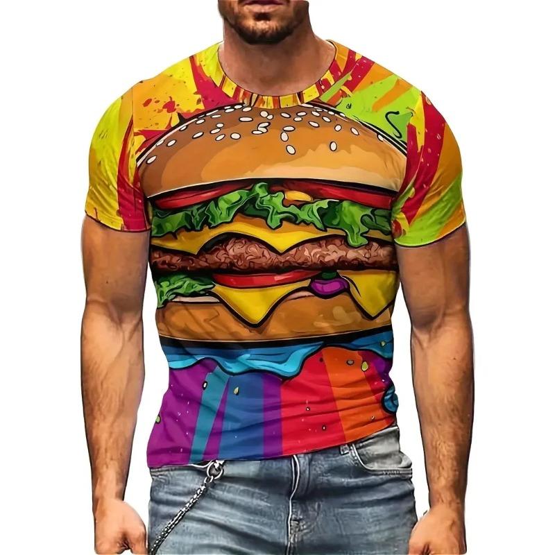 Men's 3D Printed Food Graphic T-Shirts Burgers Fries & Pizza Artistic Design T-shirts Summer Round Neck Short Sleeve Tops