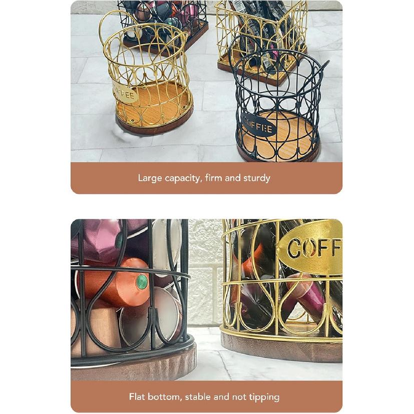 Coffee Pod Basket, Decorative Round Wire Capsule Holder with Wooden Base, Proof Metal Construction, Weighted Base, For Cafe Kitchen (Black)