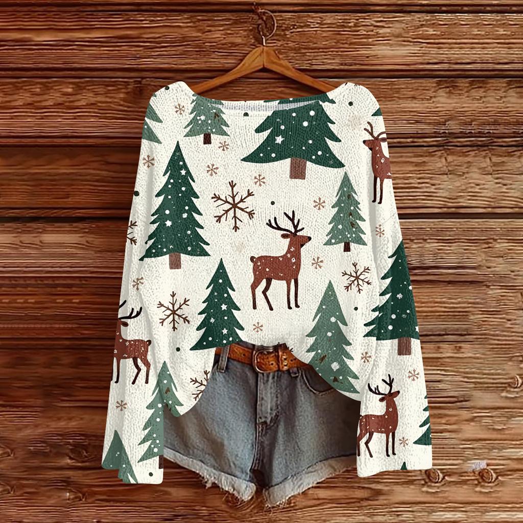 Women's Fashionable Oversized Knitwear Long-Sleeved Christmas Print Top