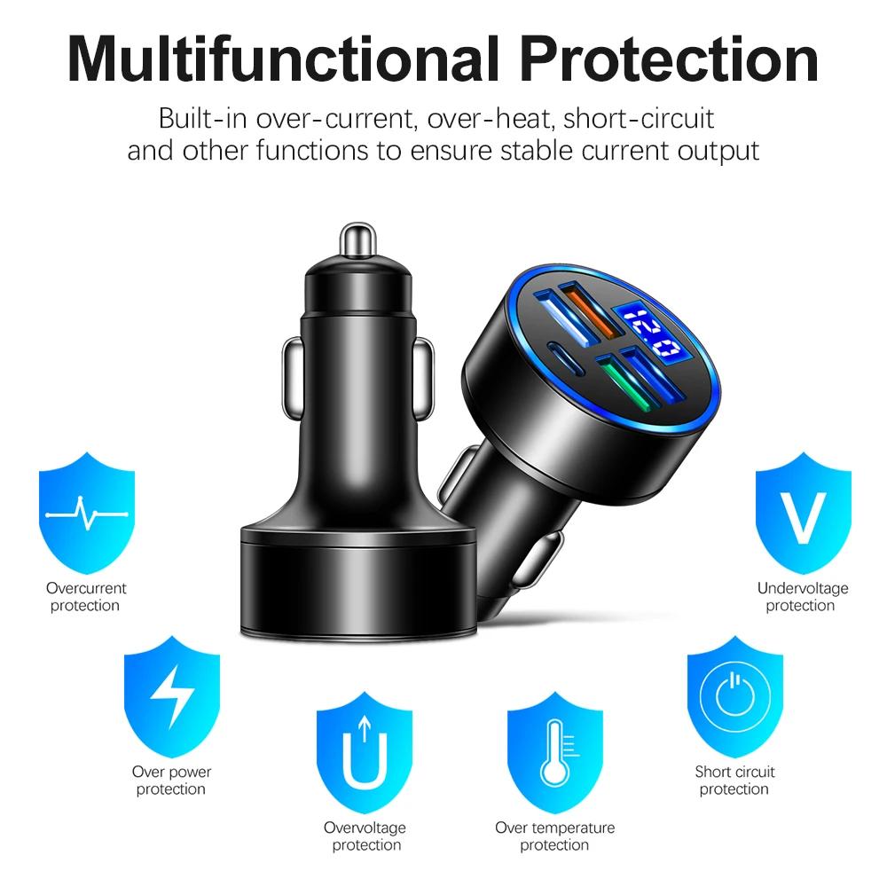 Автомобильное зарядное устройство USB C PD Type C 20 Вт Muti 5 портов Быстрая зарядка 3,1 А Автомобильный адаптер для мобильного телефона Светодиодный цифровой дисплей для iPhone Xiaomi