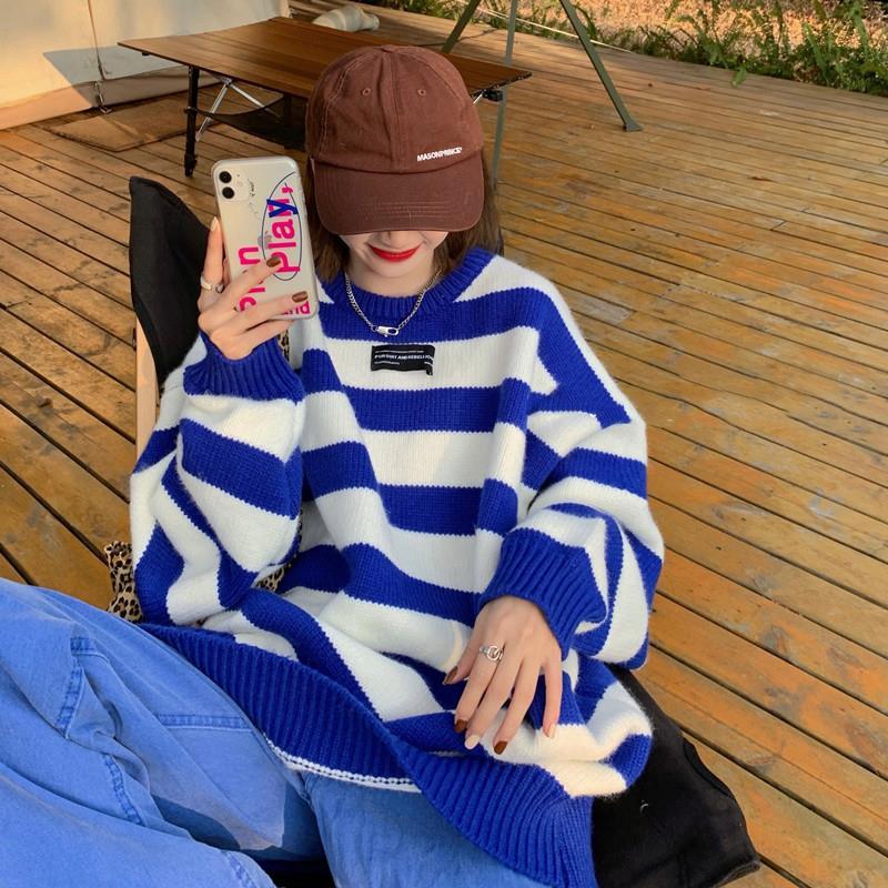 Пуловер-свитер 2022, осенне-зимний новый женский свободный корейский студент, свободный полосатый женский свитер
