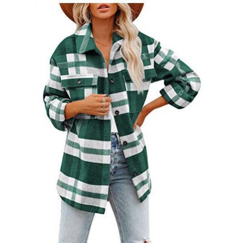 Spring and Autumn Women's Brushed Plaid Shirts Long Sleeve Flannel Lapel Button Down Pocketed Shacket Flannel Jacket Coats