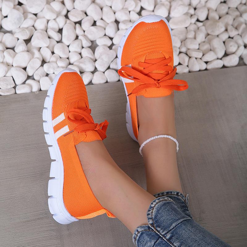 Mesh Knitted Striped Flats Shoes for Women Summer Lace Up Casual Sneakers Woman Soft Sole Breathable Loafers Plus Size 43