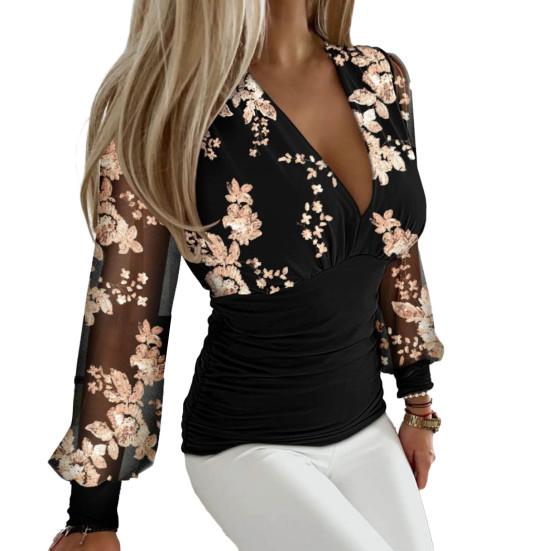 Женская кружевная лоскутная блузка с длинным рукавом, элегантная глубокая V-образная шея, облегающий пуловер, топ, офисная женская блузка с вышивкой и цветочным принтом