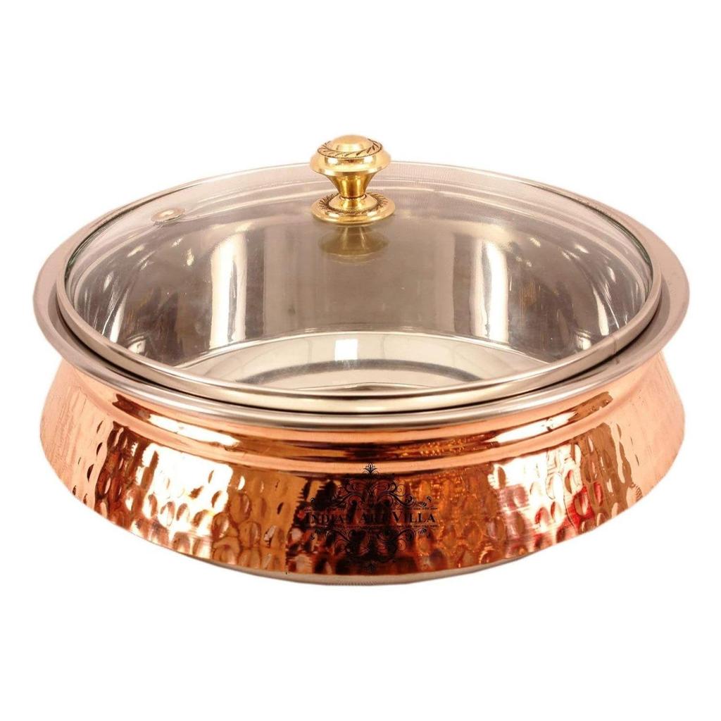 Steel Copper Induction Handi Bowl with Lid, Serveware & Tableware, Home Restaurant, 2000 ML