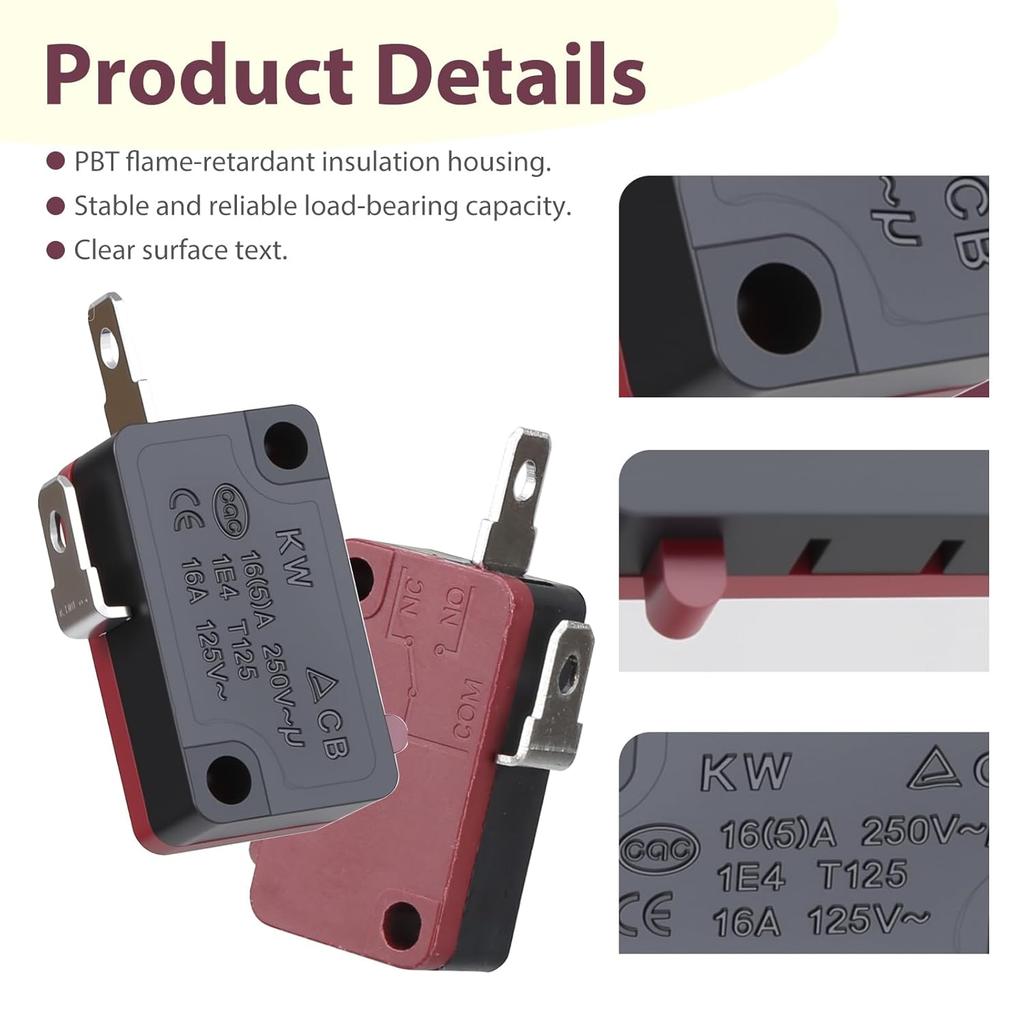 4 PCS KW7-0 Micro Switch, 16A 250VAC 3-Pin 1NO 1NC Normally Open, Replacement for Power XL and Vortex Air Fryer, Microwave Oven, Induction Cooker