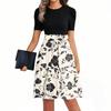 Women's Fashionable Casual Belt Short Sleeved Round Neck Printed Patchwork Dress